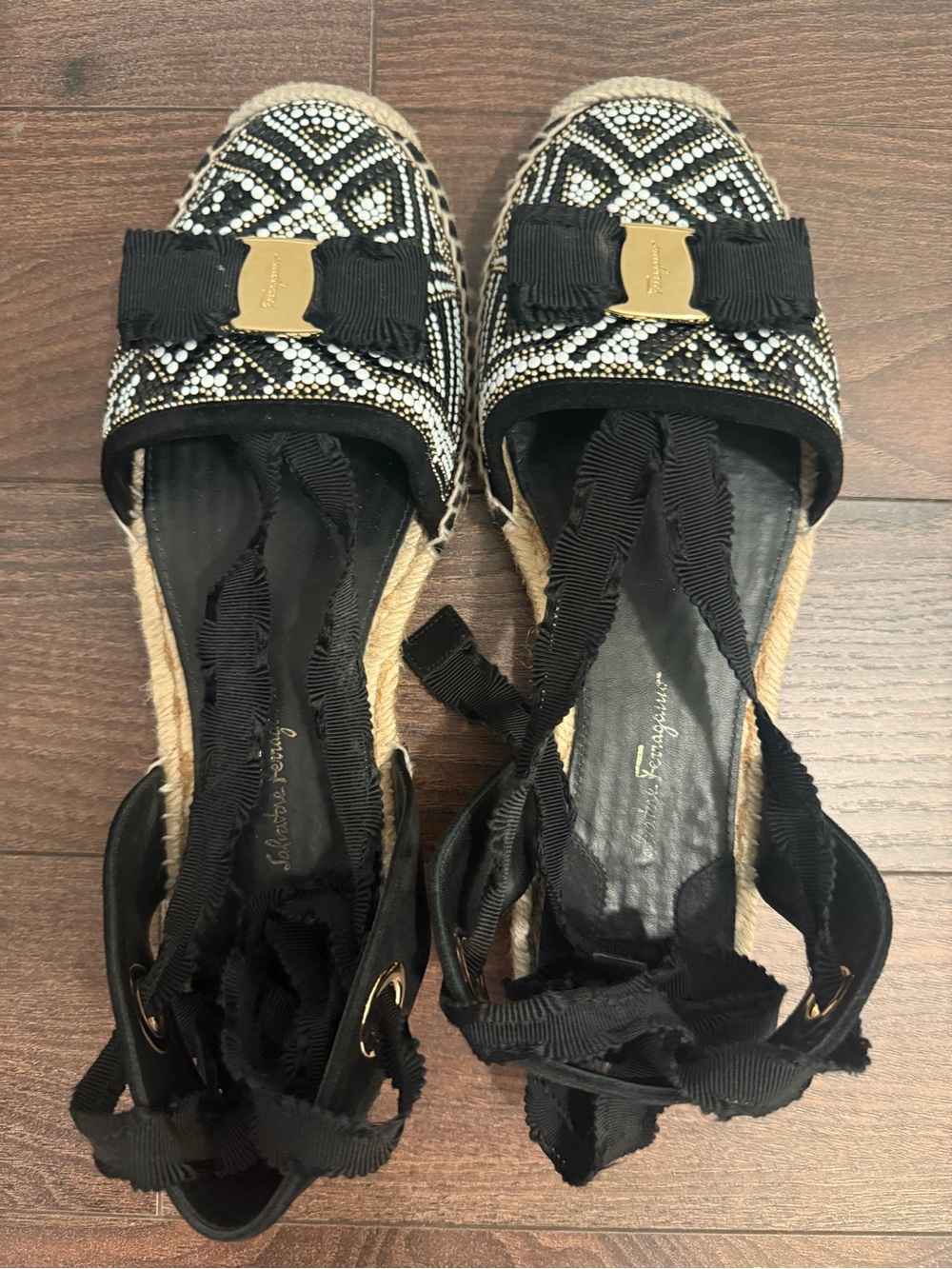 Salvatore Ferragamo Black and Gold Beaded Espadrille Wrap Flats